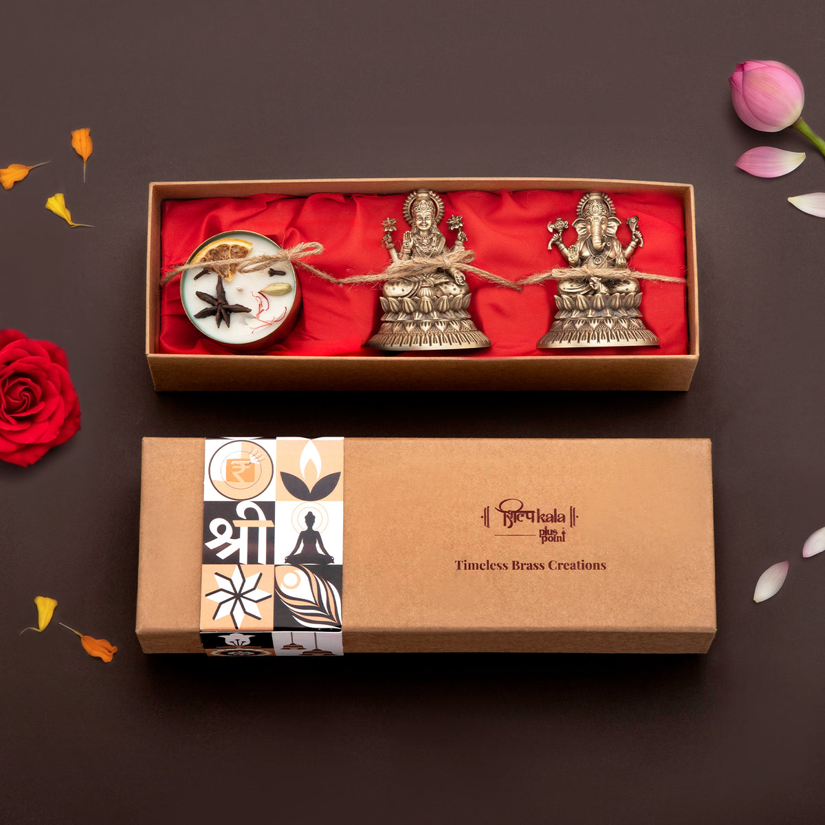 Ganesh & Laxmi Brass Idols with Premium Scented Candle- Gift Box