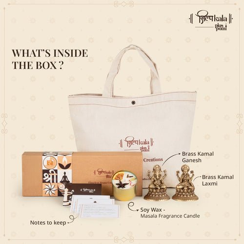 Ganesh & Laxmi Brass Idols with Premium Scented Candle- Gift Box
