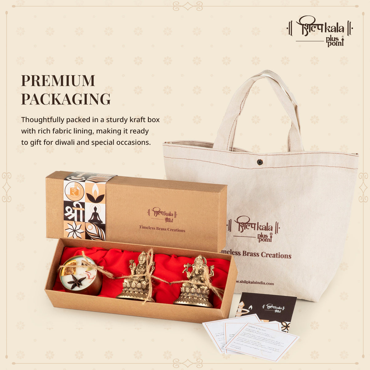 Ganesh & Laxmi Brass Idols with Premium Scented Candle- Gift Box