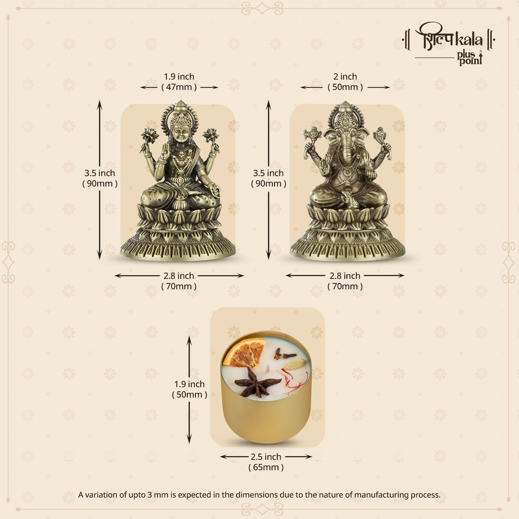 Ganesh & Laxmi Brass Idols with Premium Scented Candle- Gift Box