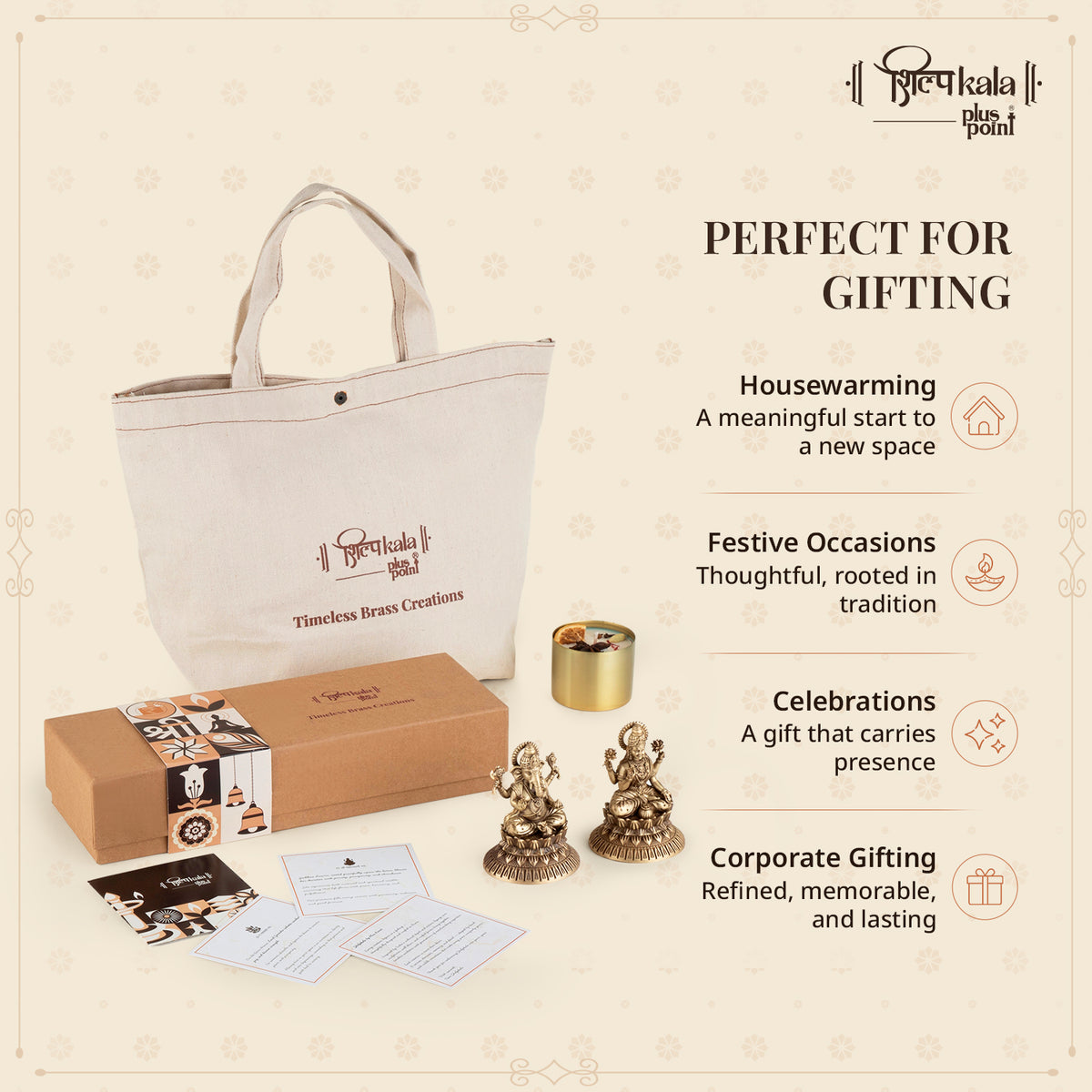 Ganesh & Laxmi Brass Idols with Premium Scented Candle- Gift Box