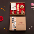 Ganesh, Laxmi & Saraswati Brass Idols with Handmade Notebook, Bookmark & Premium Scented Candle