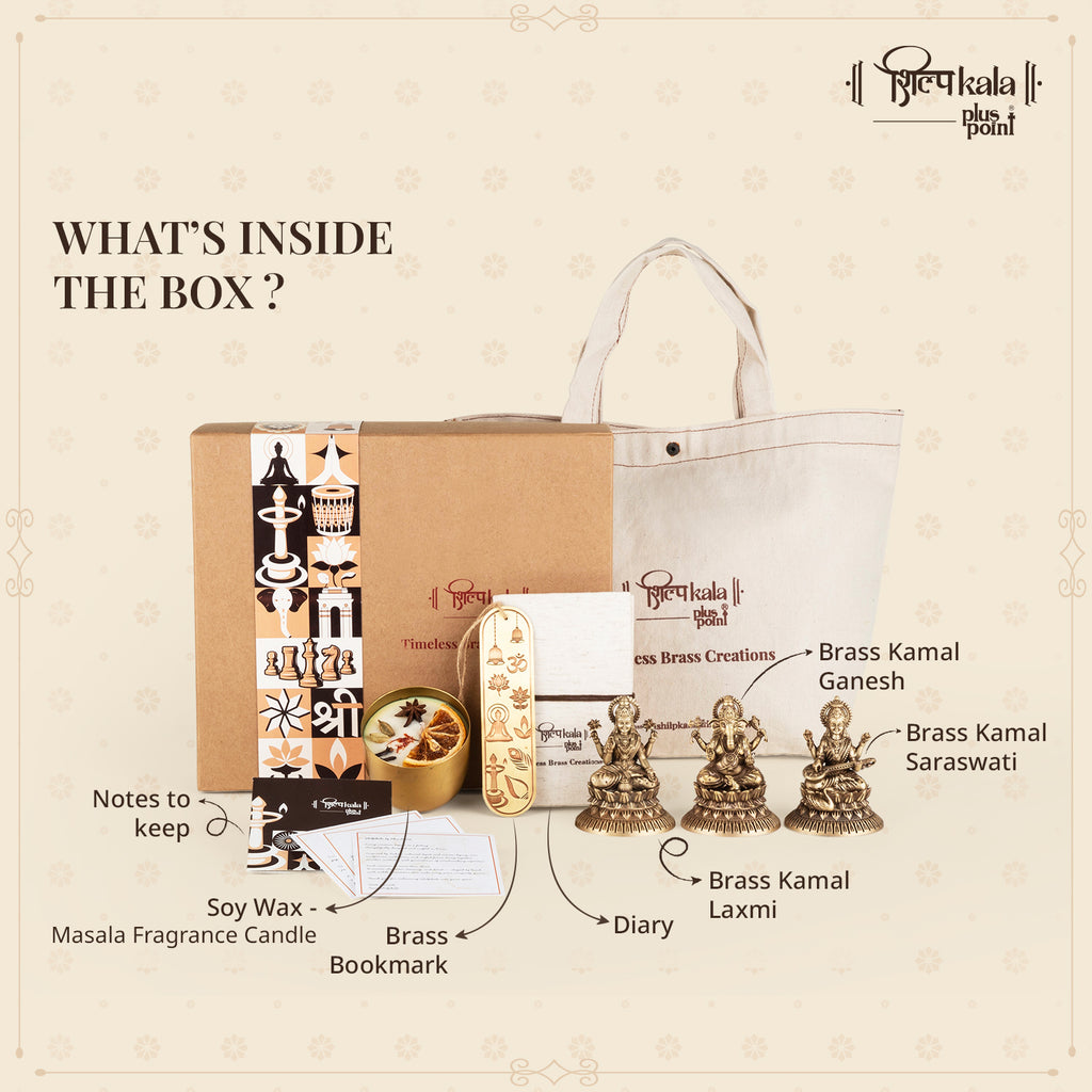 Ganesh, Laxmi & Saraswati Brass Idols with Handmade Notebook, Bookmark & Premium Scented Candle