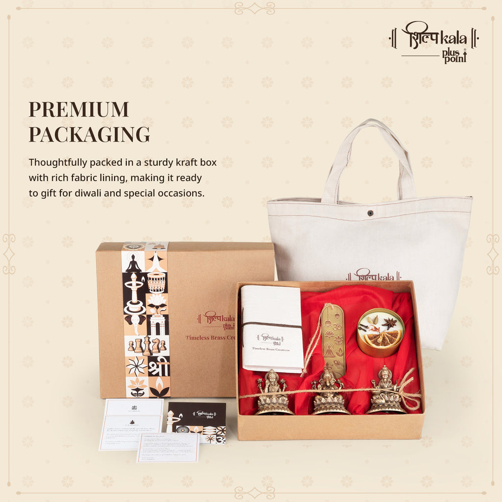 Ganesh, Laxmi & Saraswati Brass Idols with Handmade Notebook, Bookmark & Premium Scented Candle