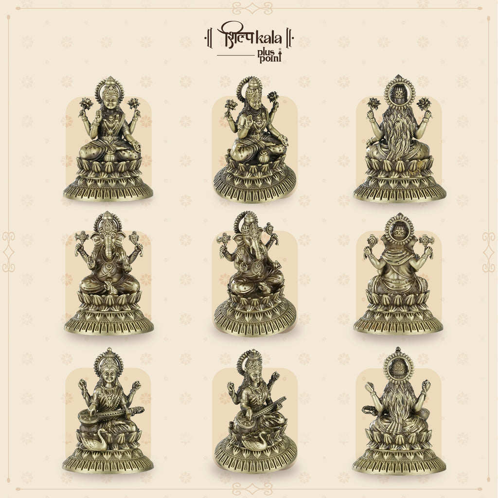 Ganesh, Laxmi & Saraswati Brass Idols with Handmade Notebook, Bookmark & Premium Scented Candle