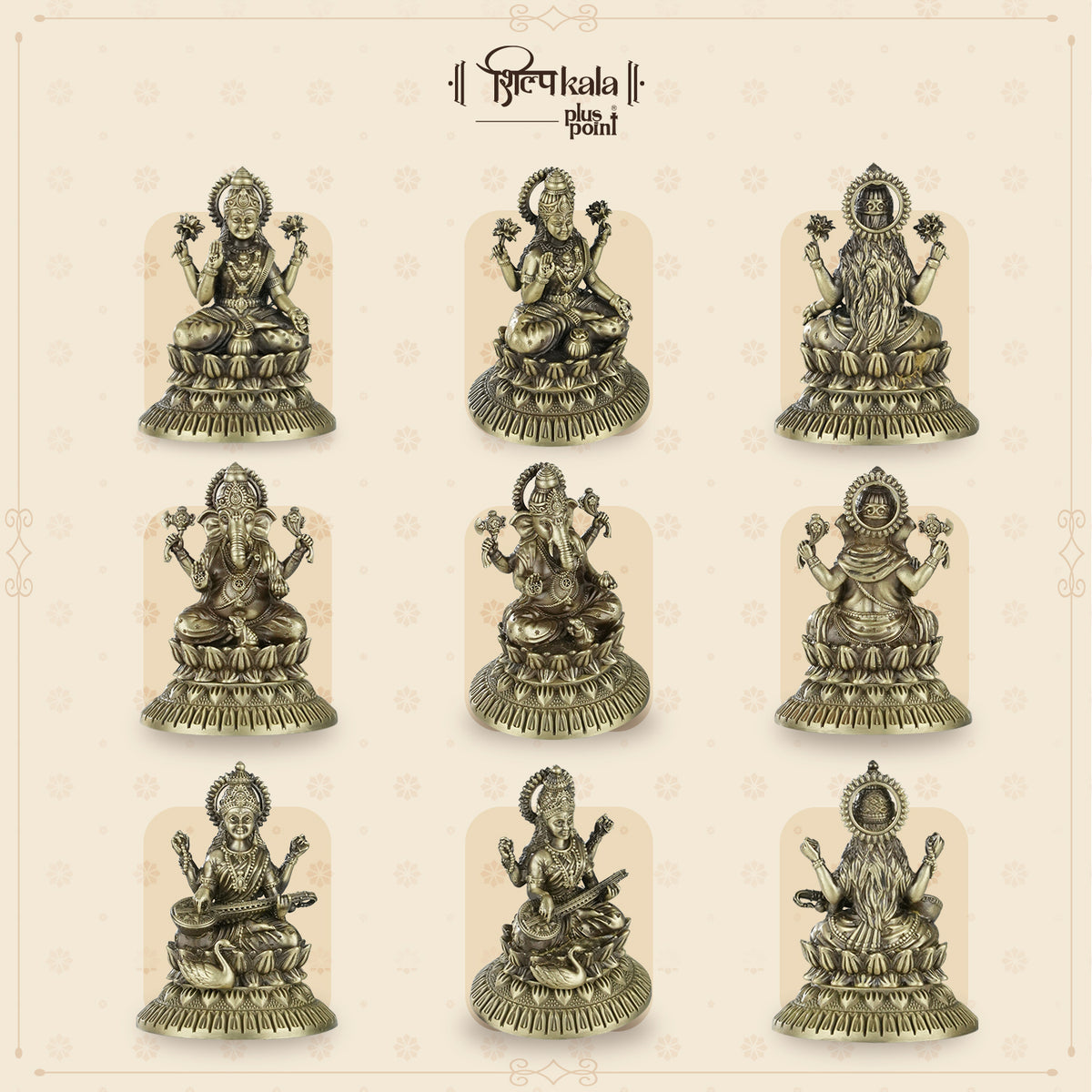 Ganesh, Laxmi & Saraswati Brass Idols with Handmade Notebook, Bookmark & Premium Scented Candle