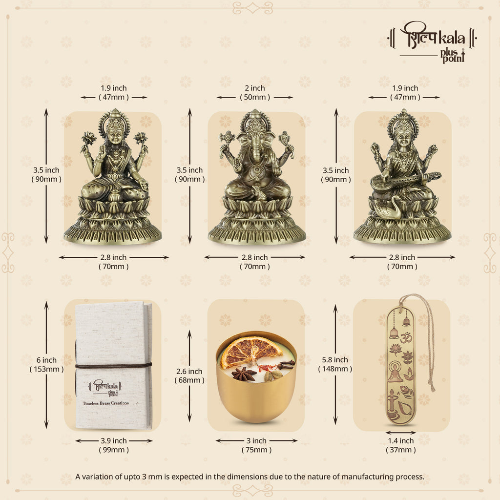 Ganesh, Laxmi & Saraswati Brass Idols with Handmade Notebook, Bookmark & Premium Scented Candle