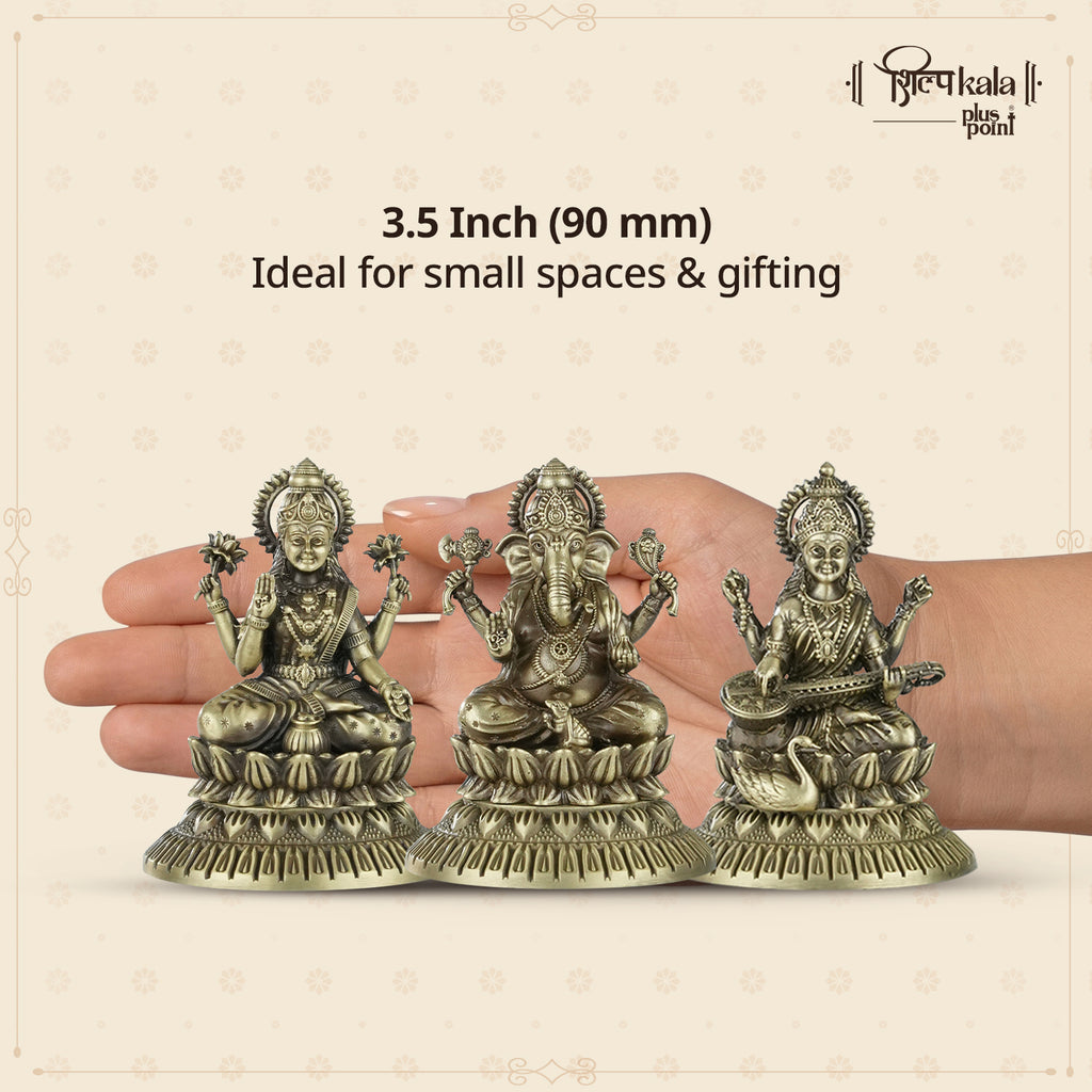 Ganesh, Laxmi & Saraswati Brass Idols with Handmade Notebook, Bookmark & Premium Scented Candle