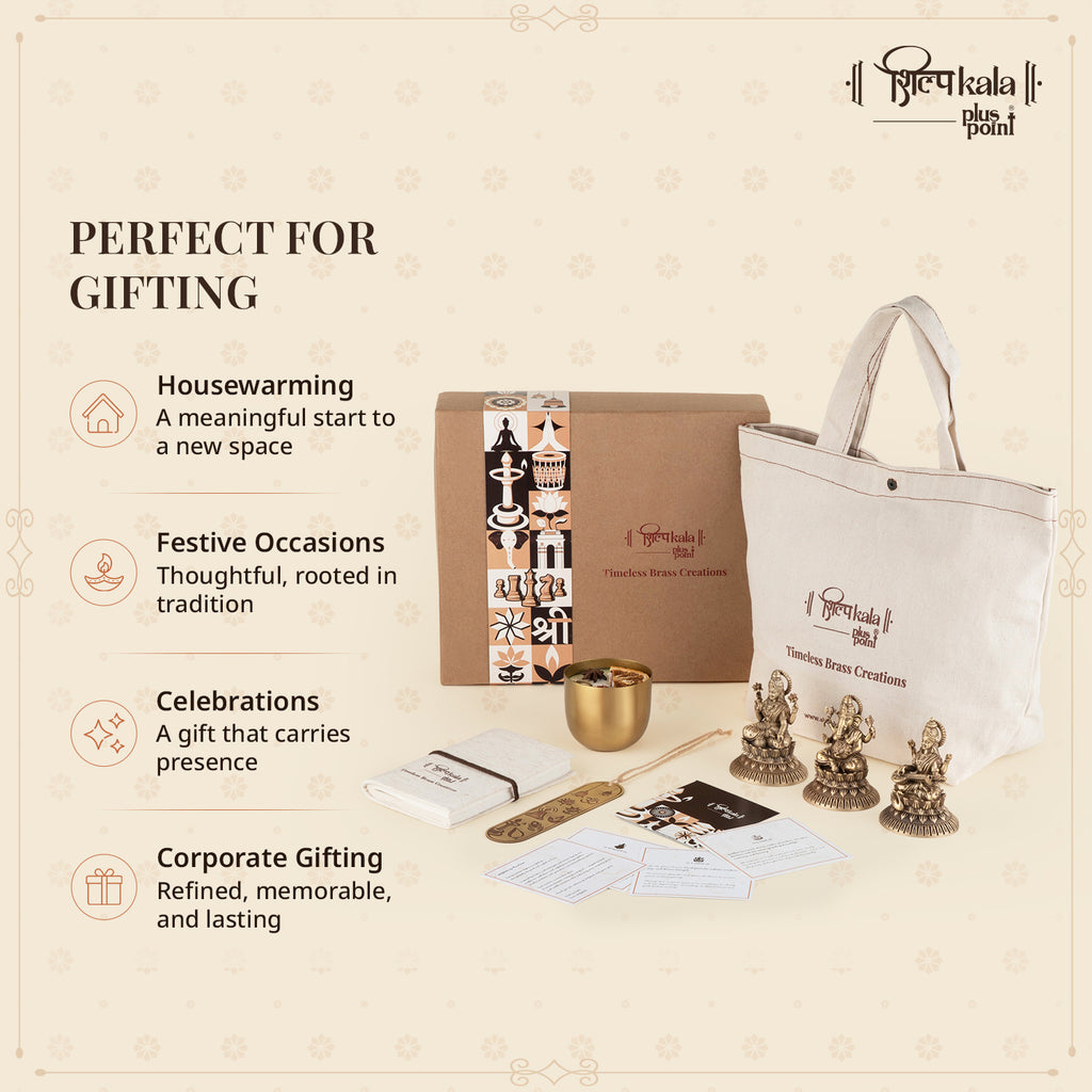 Ganesh, Laxmi & Saraswati Brass Idols with Handmade Notebook, Bookmark & Premium Scented Candle