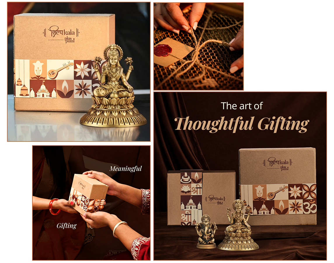 Collage of gifting items including a statue, box, and card with 'The art of Thoughtful Gifting' text.
